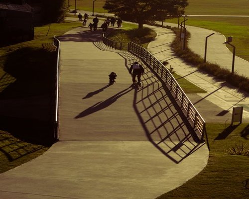 Family taking an evening stroll in a neighborhood park